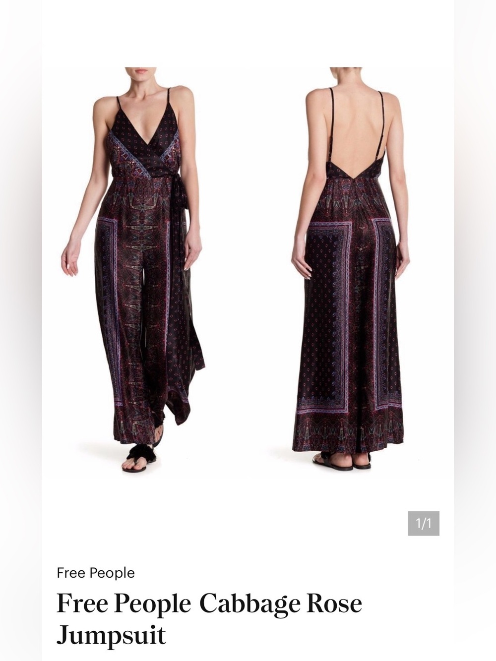 Free People Cabbage Rose Black Printed Faux Wrap Jumpsuit with Belt,Size-4